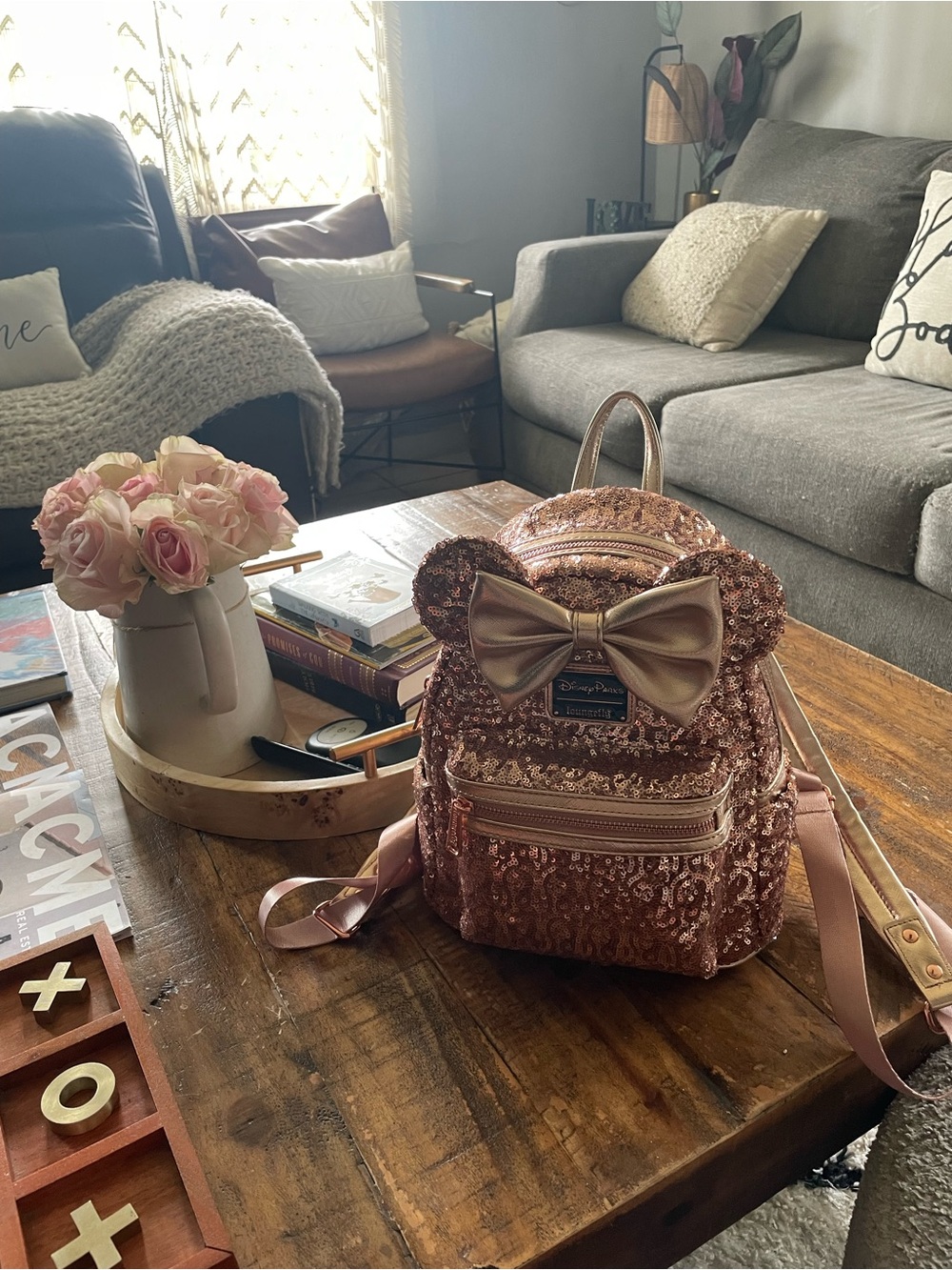Disney Rose Gold Sequin Minnie Mouse Mini Backpack with Bow